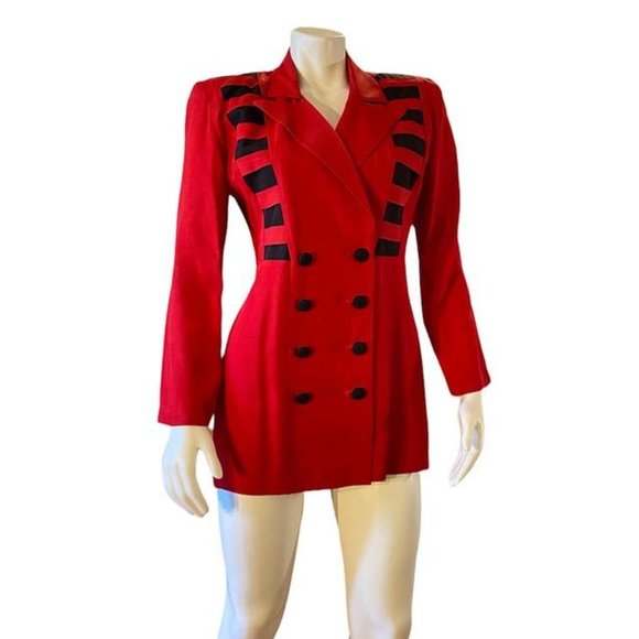 Authentic Original Vintage Style Jackets & Blazers - Vintage 80s/ 90s Bold Double Breasted Red and Black Blazer by Dani Michaels